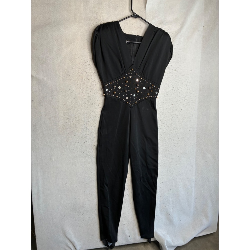Vintage Casadei Black Studded Stirrup Jumpsuit V-Neck Embellished 80s Glam Small